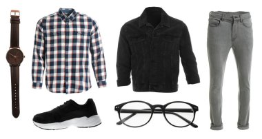 Beyaz arka planda şık kıyafetler. Sonbahar görünümü