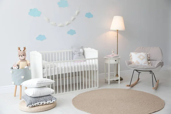 Stylish Baby Room Interior Crib Rocking Chair — Stock Photo, Image