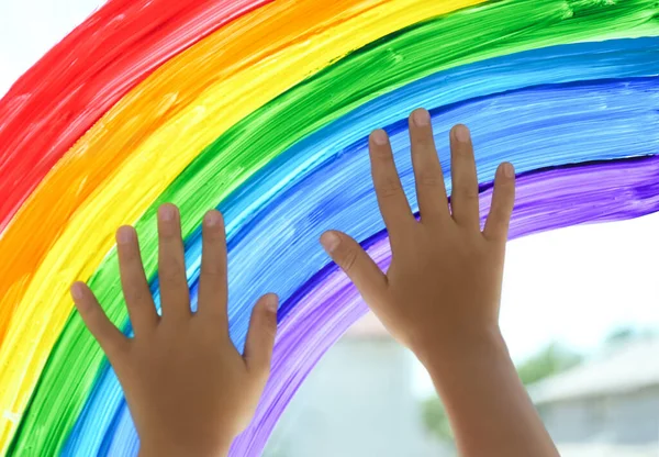 Child Touching Picture Rainbow Window Closeup Stay Home Concept — Stock Photo, Image