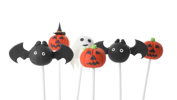 Verschiedene Halloween Themen Cake Pops Auf Weißem Hintergrund — Stockfoto