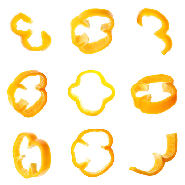 Set of yellow bell pepper slices isolated on white