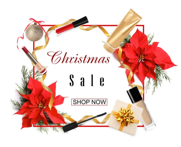Iklan Penjualan Natal Dengan Produk Makeup Dan Dekorasi — Stok Foto