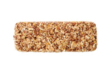 Beyaz arka planda gevrek granola bar, üst manzara. Sağlıklı çerez