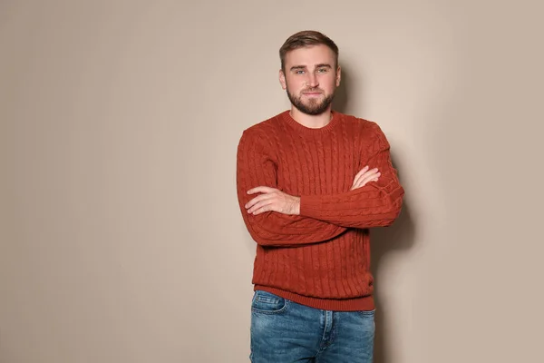 Handsome Man Wearing Warm Sweater Beige Background — Stock Photo, Image