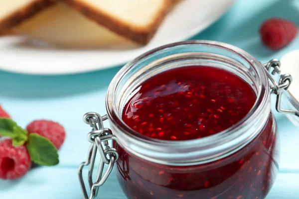 Sweet Raspberry Jam Breakfast Turquoise Table Closeup — Stock Photo, Image