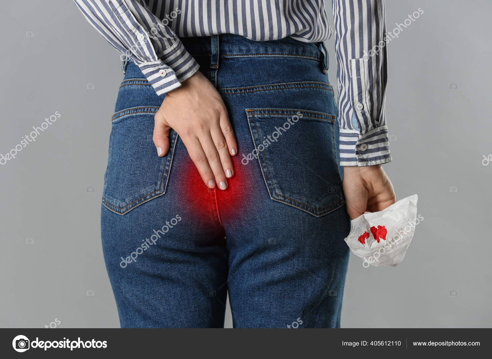 Woman Suffering Hemorrhoid Holding Toilet Paper Blood Stain Grey