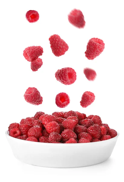 Fresh Ripe Raspberries Falling Bowl White Background — Stock Photo, Image