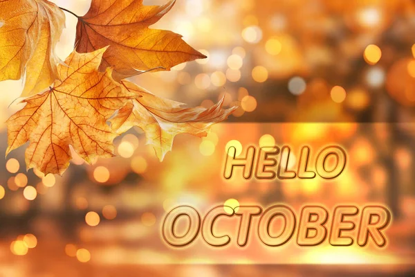 Tekst Hallo Oktober Herfst Bladeren Wazige Achtergrond Bokeh Effect — Stockfoto