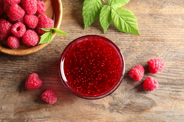 Sweet Raspberry Jam Fresh Berries Wooden Table Flat Lay — Stock Photo, Image