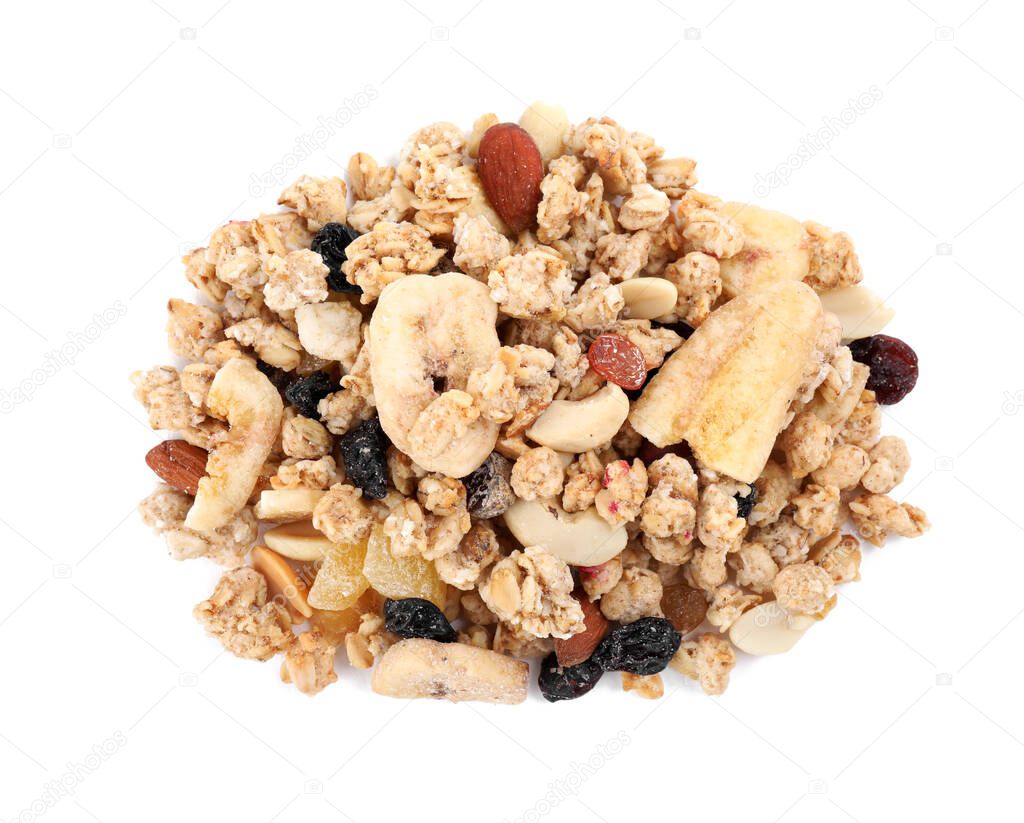 Heap of tasty crispy granola on white background, top view