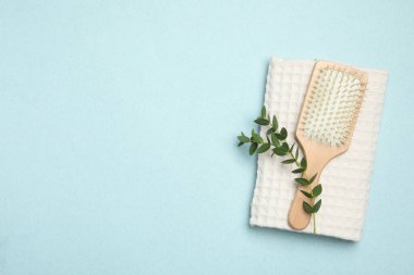 Modern kürek saç fırçası ve hafif arka planda bitki, düz yatış. Metin için boşluk
