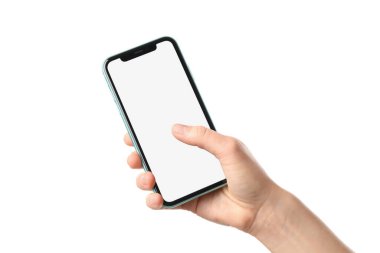 MYKOLAIV, UKRAINE - Temmuz 07, 2020: iPhone 11 'i beyaz arka planda tutan kadın, yakın plan. Tasarım için model