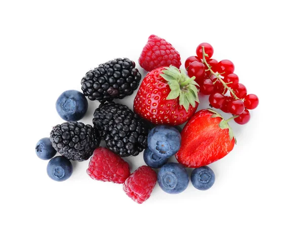 Mix Different Fresh Berries Isolated White Top View — Stock Photo, Image