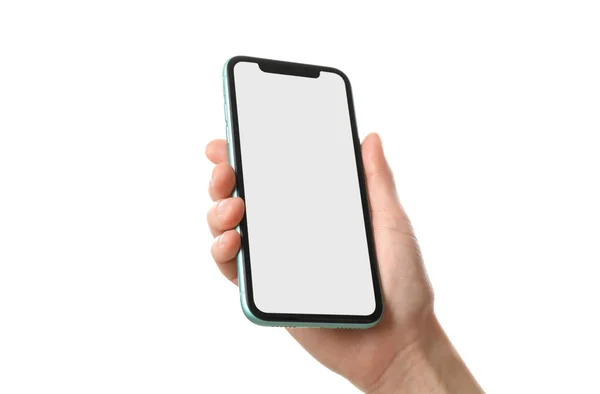 Mykolaiv Ukraine Július 2020 Kezében Iphone Fehér Háttér Közelkép Mockup — Stock Fotó