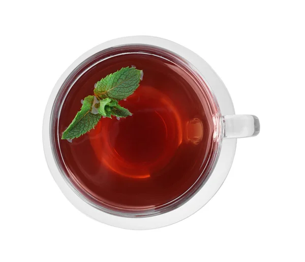 Cup Hot Aromatic Mint Tea Isolated White Top View — Stock Photo, Image