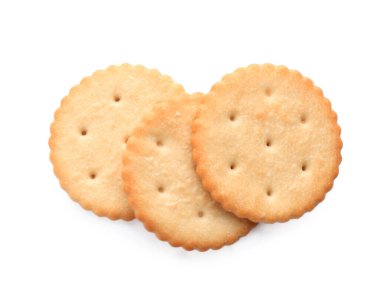 Lezzetli çıtır krakerler beyaza izole edilmiş, üst manzara