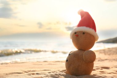 Kumsalda kumdan yapılmış, deniz kenarında Noel Baba şapkası olan bir kardan adam. Noel tatili