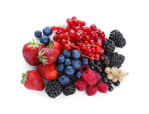 Mix Different Fresh Berries Isolated White Top View — Stock Photo, Image