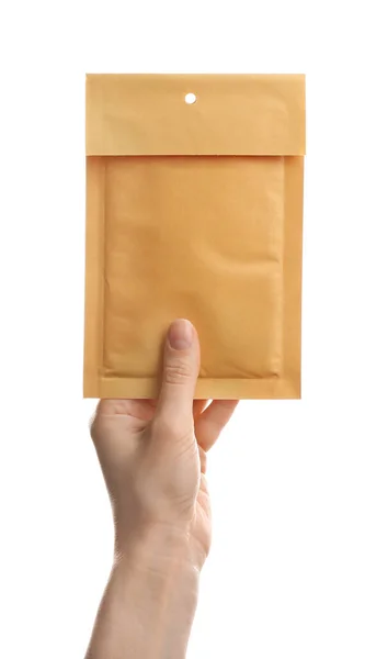 Vrouw Met Kraftpapier Envelop Witte Achtergrond Close — Stockfoto