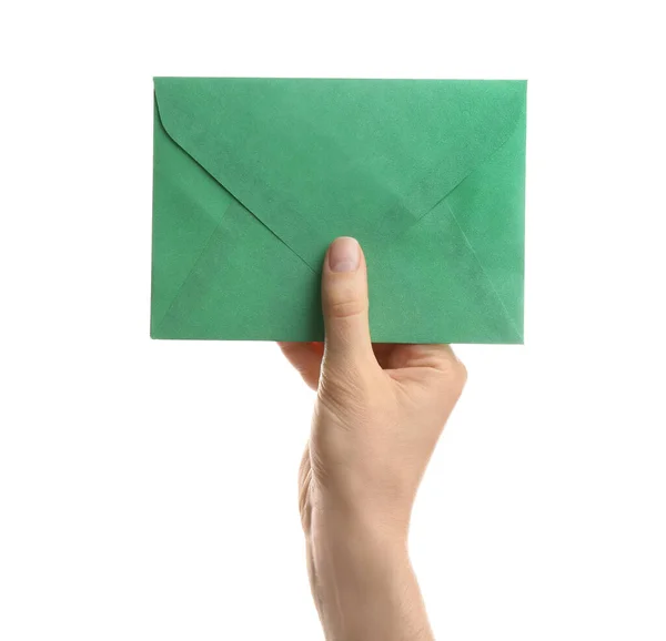 Woman Holding Green Paper Envelope White Background Closeup — Stock Photo, Image