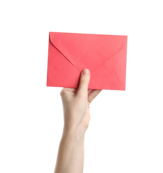 Vrouw Met Rode Papieren Envelop Witte Achtergrond Close — Stockfoto