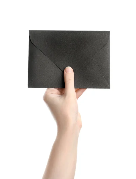 Vrouw Met Zwart Papier Envelop Witte Achtergrond Close — Stockfoto