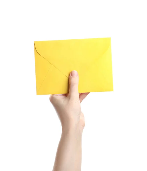 Mulher Segurando Envelope Papel Amarelo Fundo Branco Close — Fotografia de Stock