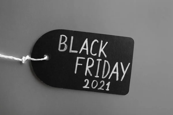 Etichetă Cuvinte Black Friday 2021 Fundal Gri Deschis Vedere Sus — Fotografie, imagine de stoc