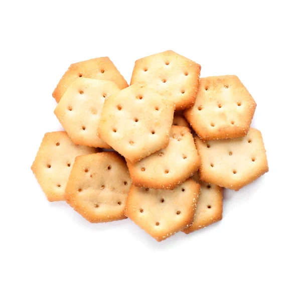 Delicious Crispy Crackers Isolated White Top View — Stock Photo, Image