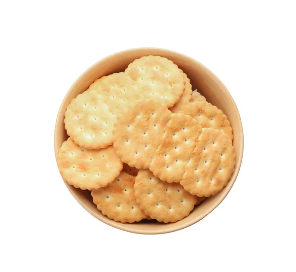 Heerlijke Crackers Kom Geïsoleerd Wit Bovenaanzicht — Stockfoto