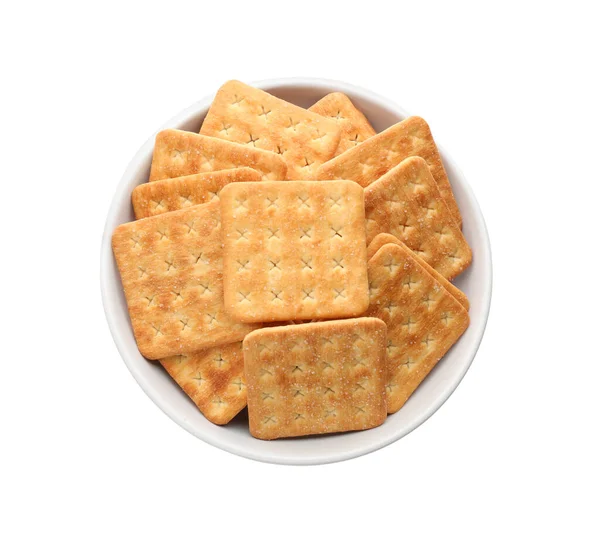 Delicious Crackers Bowl Isolated White Top View — Stock Photo, Image