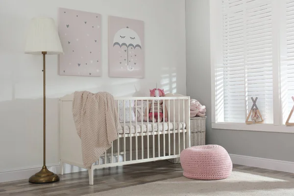 Stylish Baby Room Interior Crib Cute Pictures Wall — Stock Photo, Image