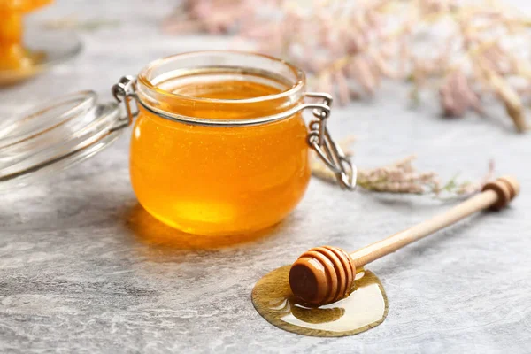 Fresh Honey Jar Grey Table — Stock Photo, Image