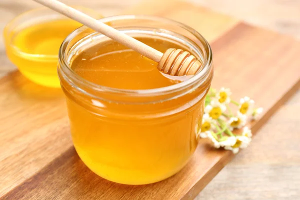 Tasty Honey Glass Jar Wooden Board Closeup — Stock Photo, Image