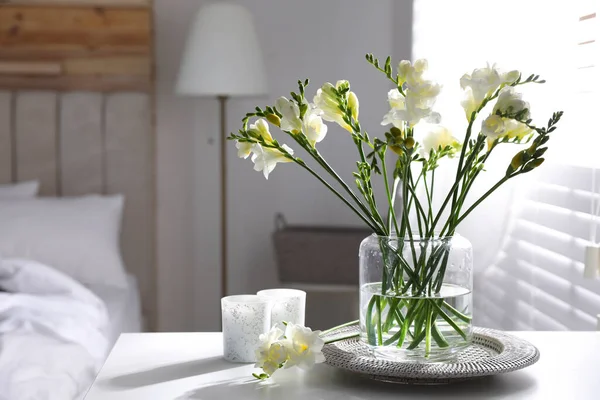 Beautiful Spring Freesia Flowers Table Bedroom — Stock Photo, Image