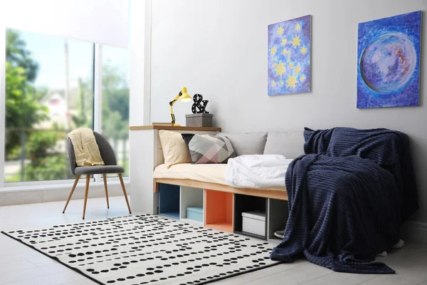 Modern Teenager Room Interior Comfortable Bed Stylish Design Elements — Stock Photo, Image