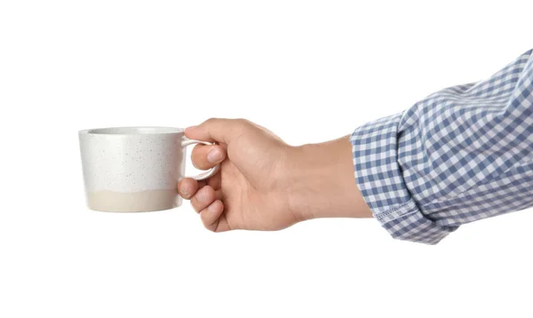 Mujer Sosteniendo Taza Sobre Fondo Blanco Primer Plano —  Fotos de Stock