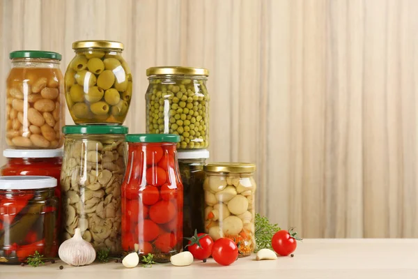 Jars Pickled Vegetables Wooden Table Space Text — Stock Photo, Image