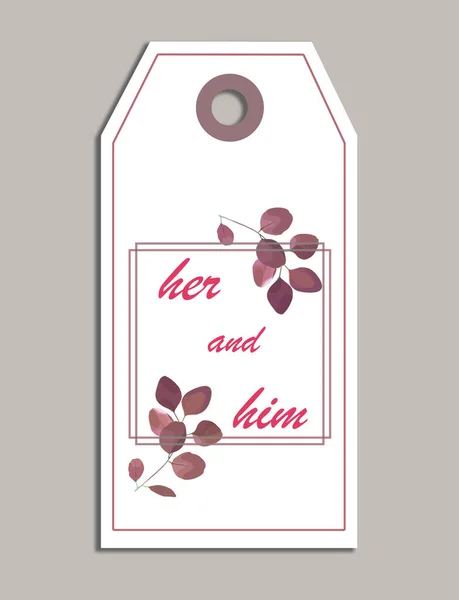 Wedding Her Him Tag Floral Design Grey Background Top View — Stock Photo, Image