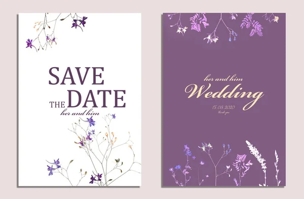 Beautiful wedding invitation and Save The Date with floral design on light background, top view