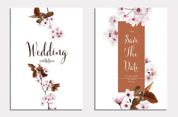 Beautiful Wedding Invitation Date Floral Design Light Background Top View — Stock Photo, Image