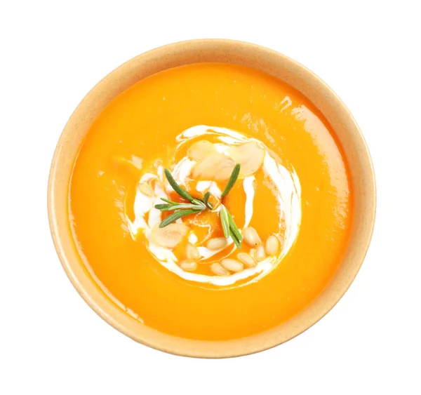 Savoureuse Soupe Crémeuse Citrouille Dans Bol Sur Fond Blanc Vue — Photo