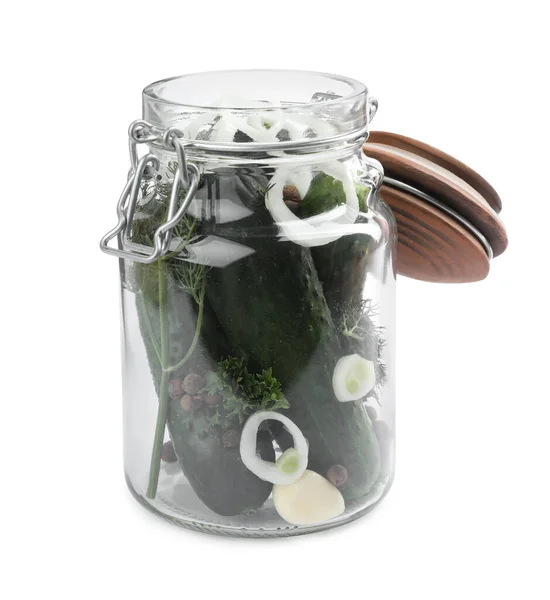 Pickling jar with fresh ripe cucumbers isolated on white — Stock Image Pickling Jar Fresh Ripe Cucumbers Isolated White Royalty Free Stock Images