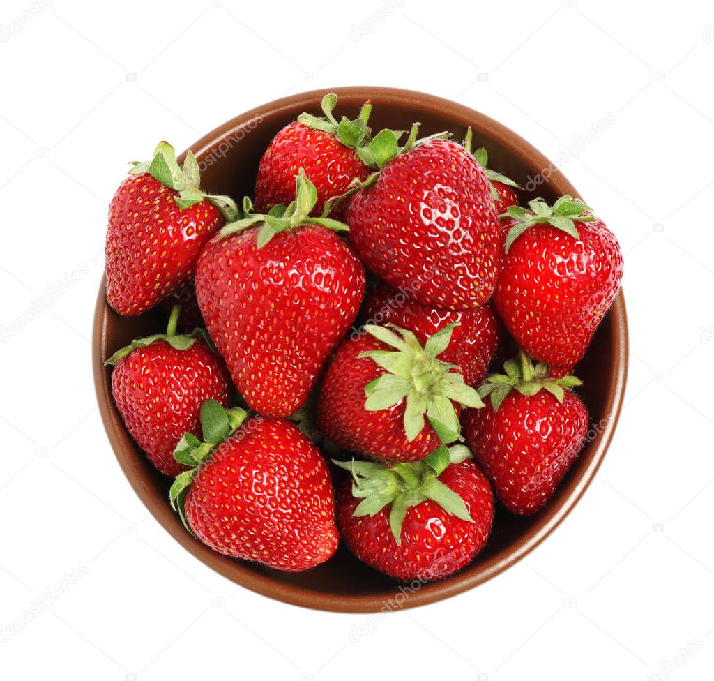 Fresh ripe strawberries in bowl isolated on white, top view