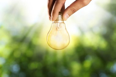 Güneş enerjisi kavramı. Yeşil bulanık arka planda parlayan ampulü tutan adam, yakın plan