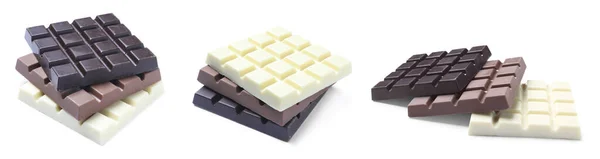 Set Různými Čokoládovými Tyčinkami Bílém Pozadí Návrh Nápisu — Stock fotografie