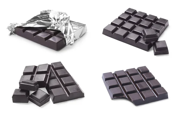 Set Met Heerlijke Pure Chocoladerepen Witte Achtergrond — Stockfoto