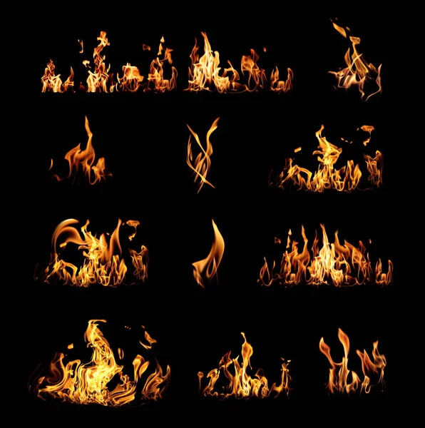 Kolekcja Jasnych Płomieni Ognia Czarnym Tle — Zdjęcie stockowe