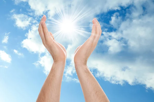 Bright Light Hands Closeup Solar Energy Concept — Stock Photo, Image