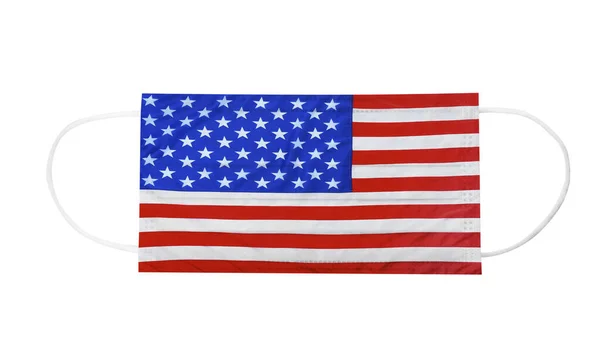 Orvosi Védő Maszk Amerikai Zászló Minta Fehér Háttér Veszélyes Vírus — Stock Fotó